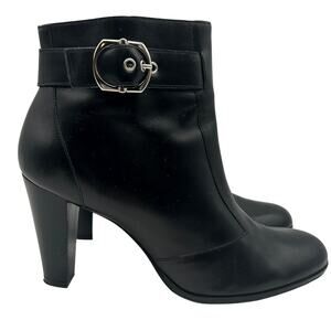 Antonio Melani Black Leather Ankle Booties Buckle Detail Heeled 8.5 Chunky Chic